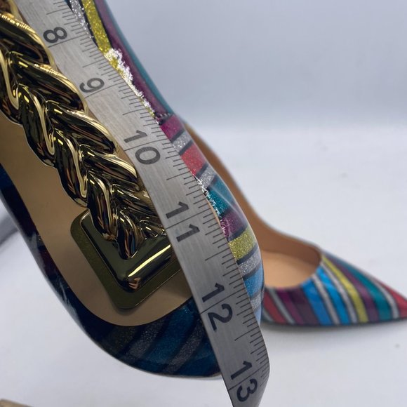 FSJ Multicolor Glitter Gold Metal Chain Chunky High Heel Pointed Toe Pumps - Picture 11 of 11